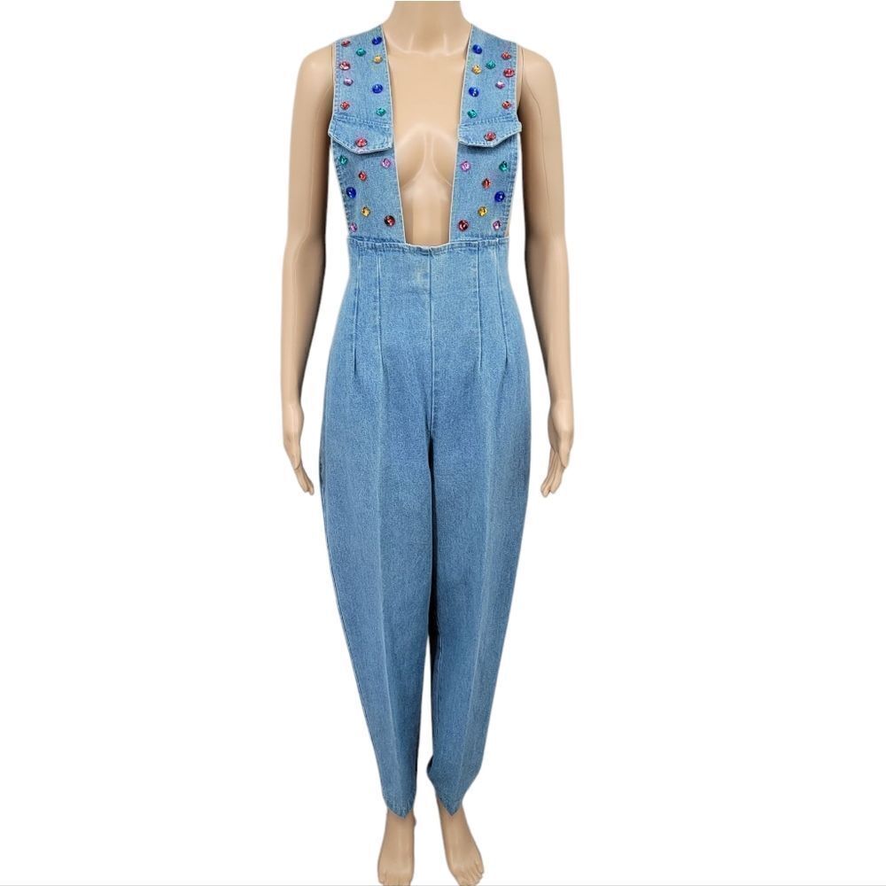 My Michelle Vintage Jumpsuit Overalls Denim Plunging Neckline Colorful Gemstones
